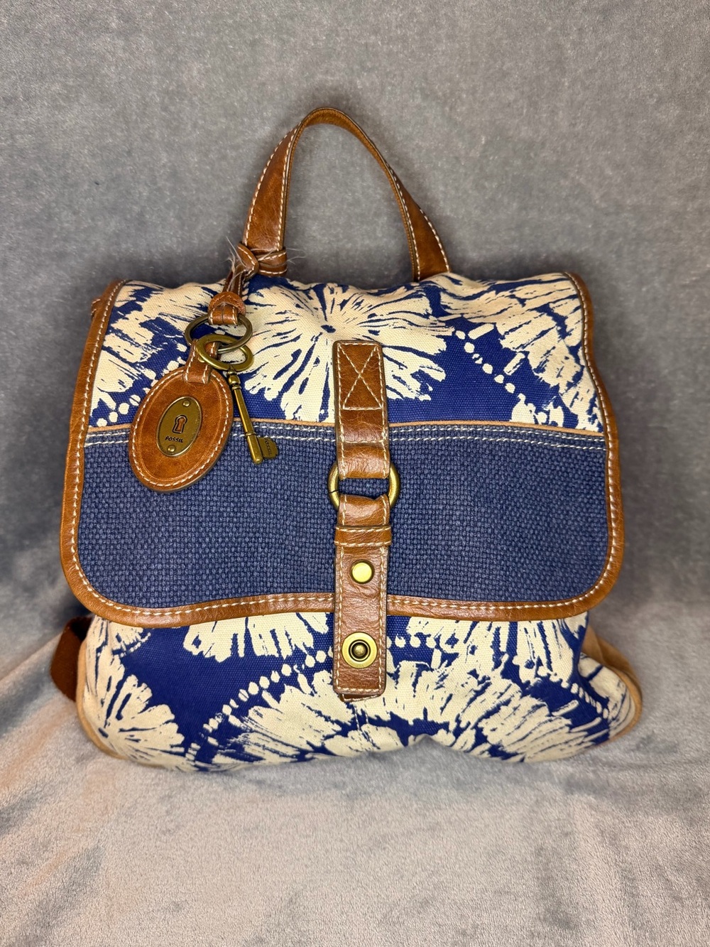 Fossil Blue and Cream Floral Canvas Backpack with Brown Leather Trim - Picture 2 of 10